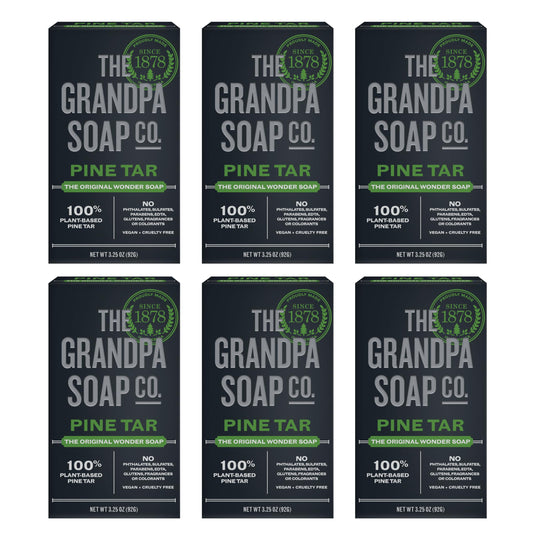 The Grandpa Soap Company Pine Tar Bar Soap for Men- Made With Pine Tar Oil, 3 in 1 Cleanser Deodorizer and Moisturizer, Dermatologist Tested, Safe for Sensitive Skin, 3.25 Oz, 6 Pack