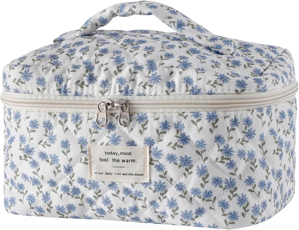 uekeboag Large Travel Quilted Makeup Bag for Women, Floral Cotton Cosmetic Bag, Coquette Aesthetic Floral Toiletry Organizer Bag