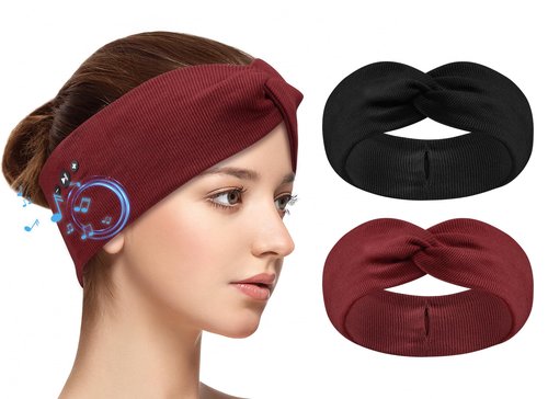 BULYPAZY 2-Pack Headband Headphones with Thin HD Speakers, Bluetooth Headband for Women, Stylish Knotted Headband, Comfortable Headband for Workout, Running, Yoga, Travel, Meditation - Red&Black