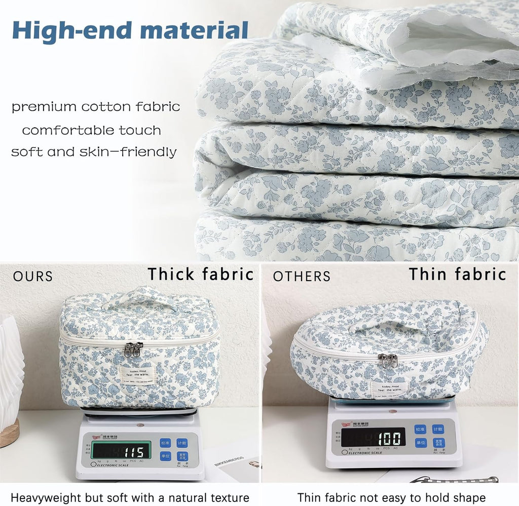 uekeboag Large Travel Quilted Makeup Bag for Women, Floral Cotton Cosmetic Bag, Coquette Aesthetic Floral Toiletry Organizer Bag