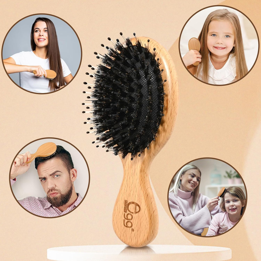 BLACK EGG Boar Bristle Hair Brush for Women Men Kid, Soft Natural Bristles Brush for Thin and Fine Hair, Restore Shine and Texture, Set includes Bamboo comb and 3 hair ties