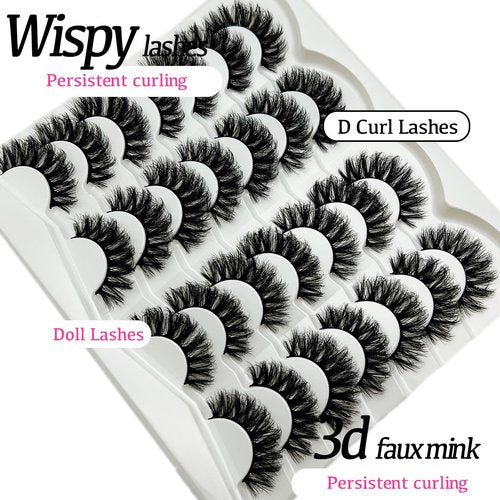 etokdos Fluffy Lashes D Curl Dramatic Strip Lashes Mink 20mm Long Big Eyelashes Pack 3D Volume Faux Mink Fake Lashes Pack