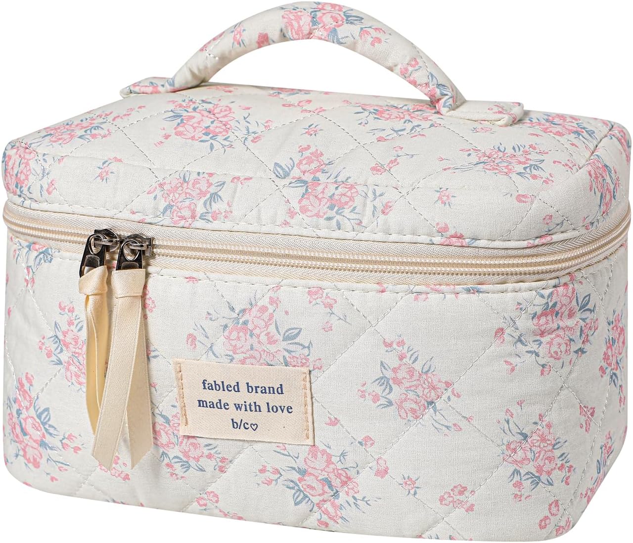 uekeboag Large Travel Quilted Makeup Bag for Women, Floral Cotton Cosmetic Bag, Coquette Aesthetic Floral Toiletry Organizer Bag