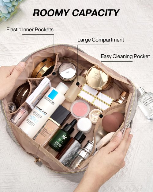BAGSMART Makeup Bag Cosmetic Bag, Travel Makeup Bag,Water-resistent Makeup Bags for Women Portable Pouch Open Flat Make Up Organizer Case for Toiletries, Brushes, Tranquil Gray