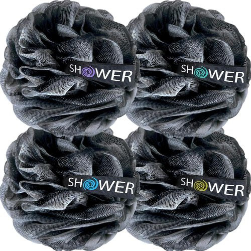 SHOWER BOUQUET Loofah-Charcoal Bath-Sponge-Color-Set XL-75g Extra Large 4 Pack, Soft Mesh Black Loufa Puff - Exfoliating Body Scrubber for Women and Men: Soothing Face & Body Exfoliator