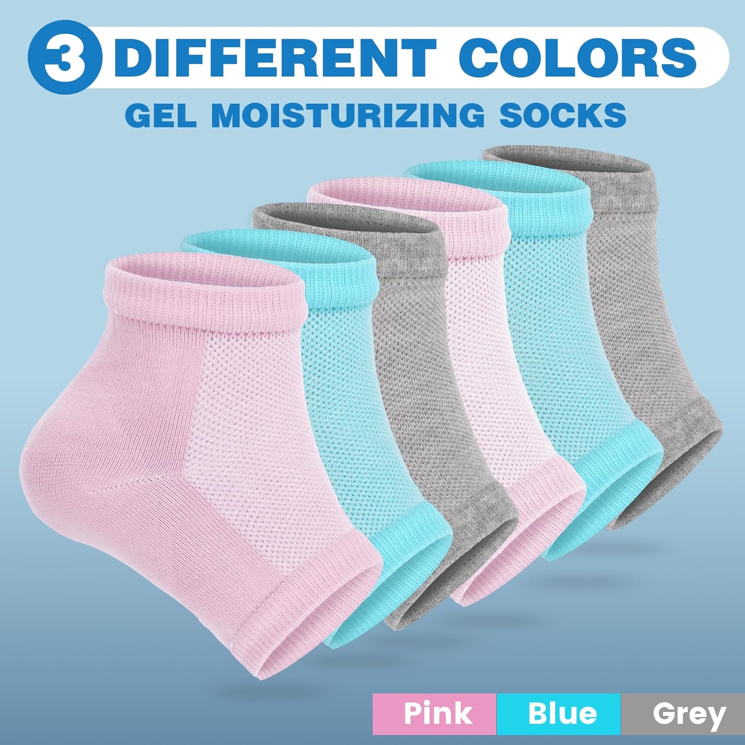 Moisturizing Heel Socks - 6 Pairs for Dry Cracked Feet, Toeless Gel Socks for Hydration and Repair