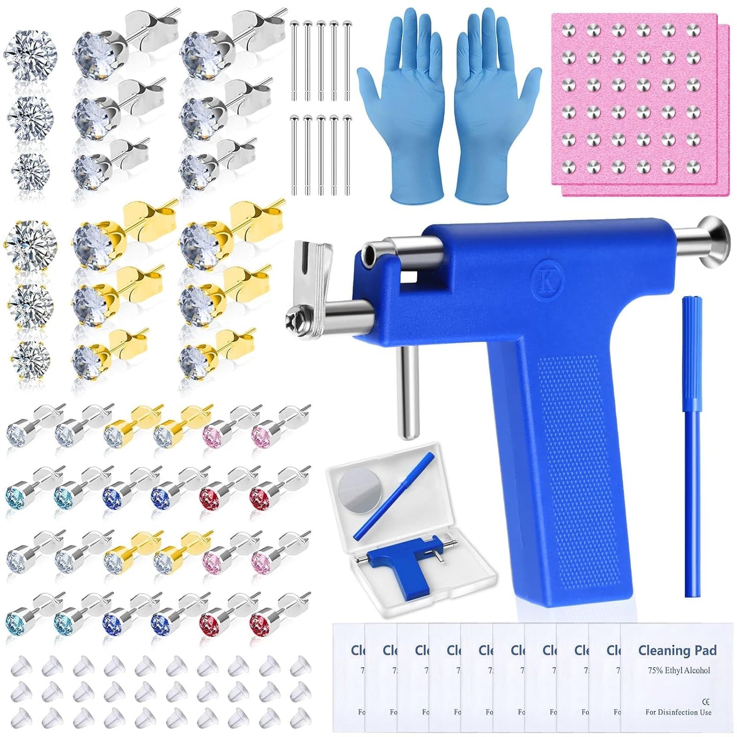 Professional Ear Piercing Gun Kit, Reusable Piercing Gun with Stainless Steel Piercing Earrings Studs, Crystal Earrings for At Home Salon Earlobe Cartilage Helix Tragus Piercing Tool Kit