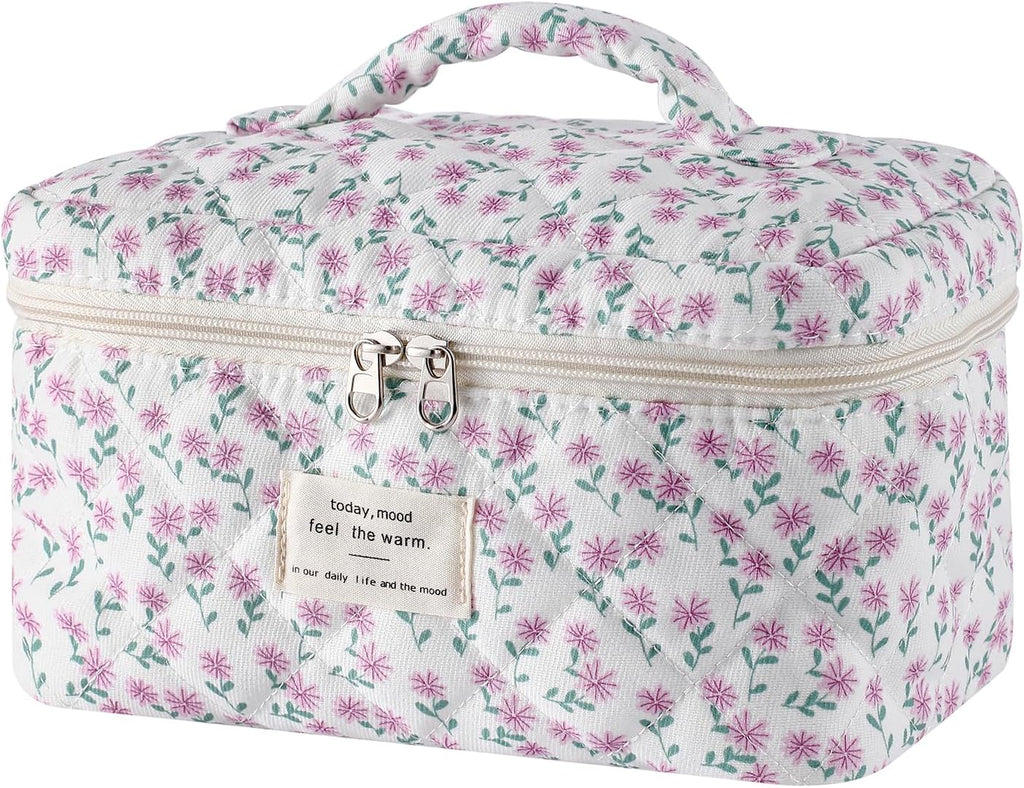 uekeboag Large Travel Quilted Makeup Bag for Women, Floral Cotton Cosmetic Bag, Coquette Aesthetic Floral Toiletry Organizer Bag