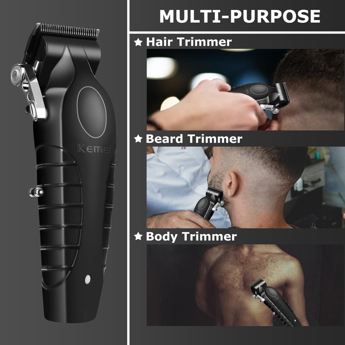 KEMEI 2296 Professional Hair Clippers for Men Cord/Cordless Hair Cutting Kits, Hair & Beard Trimmer, T Blade Barber Clippers with USB Rechargeable, Black