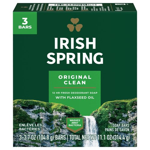 Irish Spring Deodorant Soap Original Bar, 3 Count 3.75 Ounce, 4 Packs, Total 12 Bars