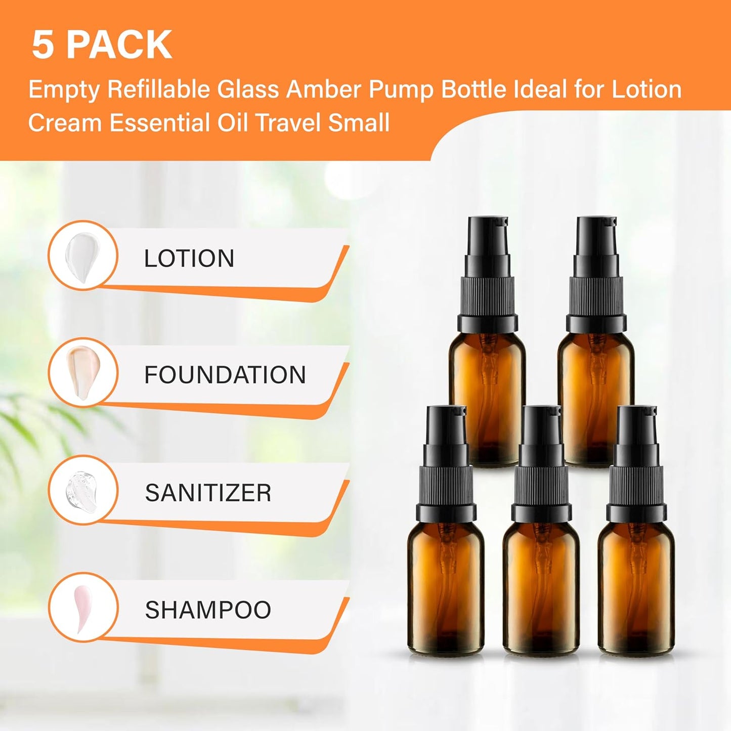 30ml Amber Glass Pump Bottles - 3 Pack Refillable Containers for Lotion & Essential Oils