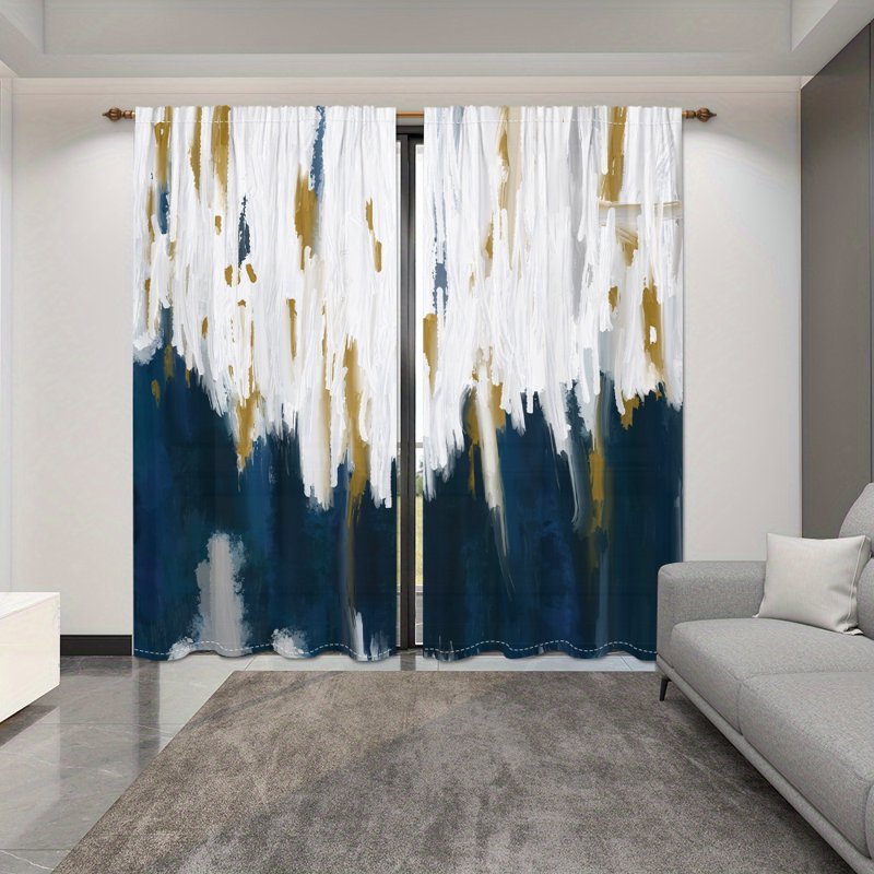 Light-Filtering Curtains Set of 2 - Modern Navy Blue & White Window Drapes