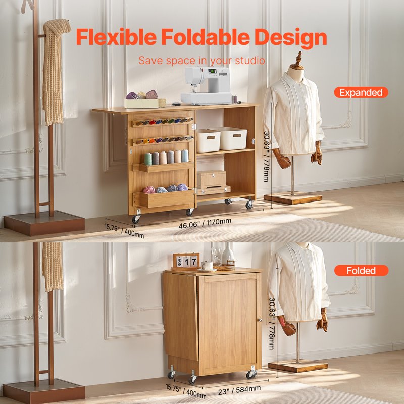 Folding Sewing Table with Storage Shelves and Wheels - Multi-Functional Craft Desk