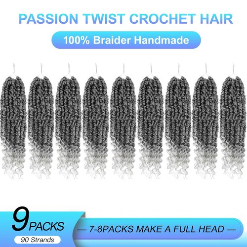 Grey Passion Twist Crochet Hair,12 Inch 9 Packs Pretwisted Passion Twist Hair, Soft Pre Looped and Pre twist Crochet Hair For Women，Short Curly Crochet Braids(12",9bundles,1B/Gray#)