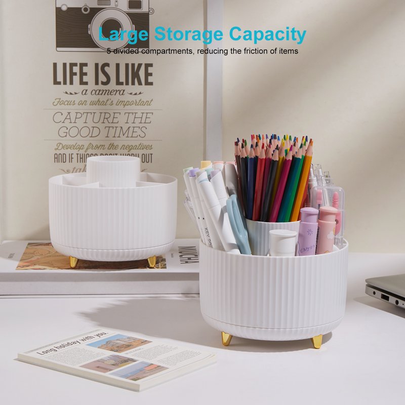 Rotating Desk Pencil Organizer with 5 Compartments - White