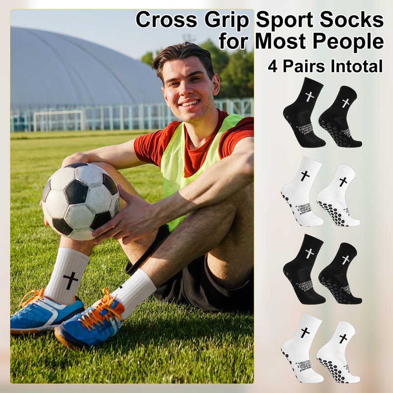 Hengguang 4-Pair Cross Grip Soccer Socks, US 7-11, Anti-Slip Training Socks - White & Black