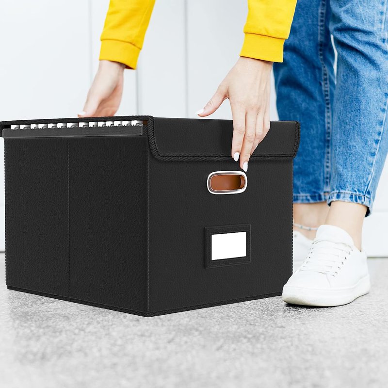 Collapsible Faux Leather File Box Organizer with Lid and Handles - Black