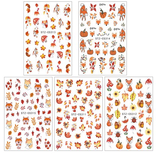 5 Sheets Autumn Maple Leaves Nail Art Stickers Squirrel Pumpkin Nail Decals 3D Self-Adhesive Thanksgiving Pumpkin Nail Sticker Cute Fox Mushroom Nail Supplies for Women Girls DIY Manicure Decoration