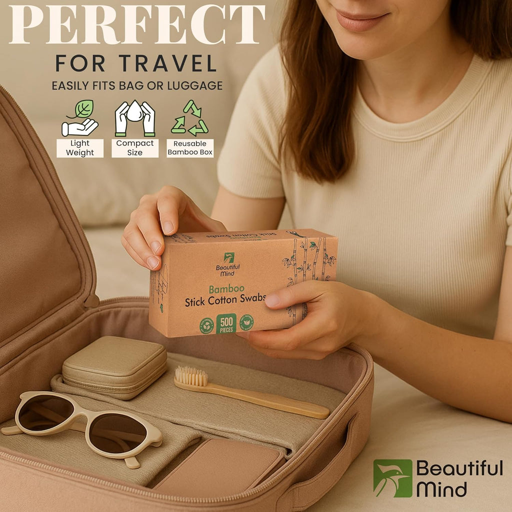Natural Bamboo Cotton Swabs for Ears – 500 Pack – Qtips with Carbonized Bamboo for Durability – Eco-Friendly, Biodegradable & Vegan – 100% Cotton Ear Swabs Organic for Makeup (Drawer Box)