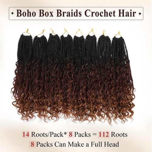 Boho Box Braids Crochet Hair 8 Packs Boho Crochet Braids Pre Looped 1B/33/30 Goddess Box Braids Crochet Hair for Black Women 14 Inch Boho Braids Crochet Hair Extension