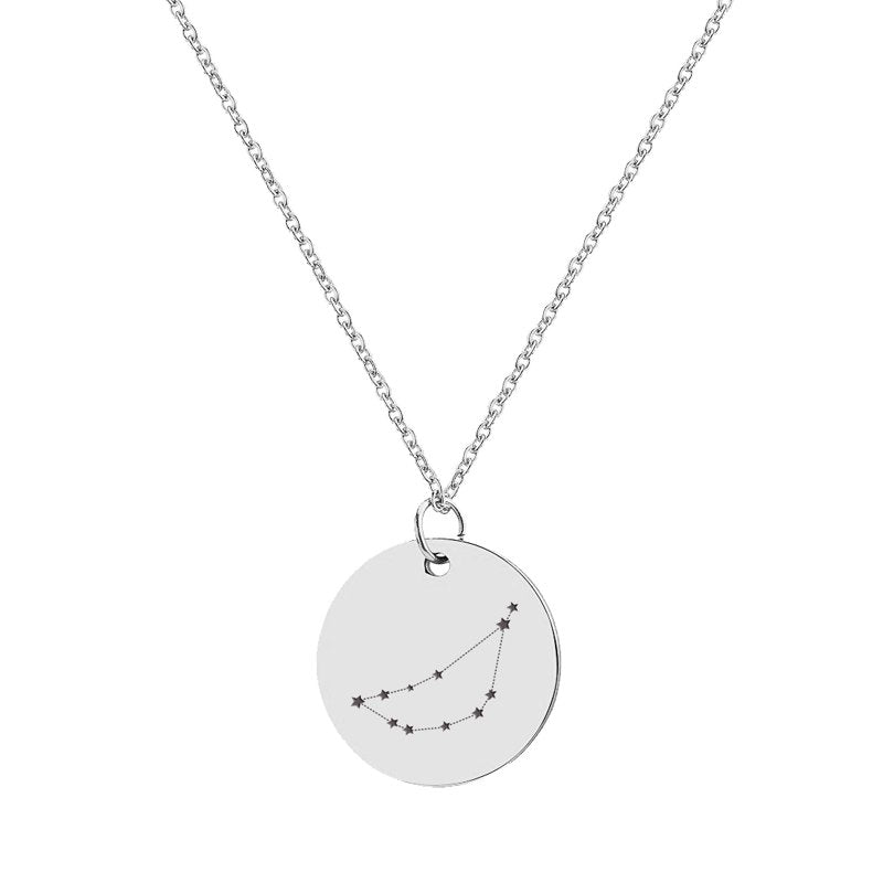 Zodiac Constellation Pendant Necklace - Stainless Steel Star Sign Jewelry, 22mm Disc