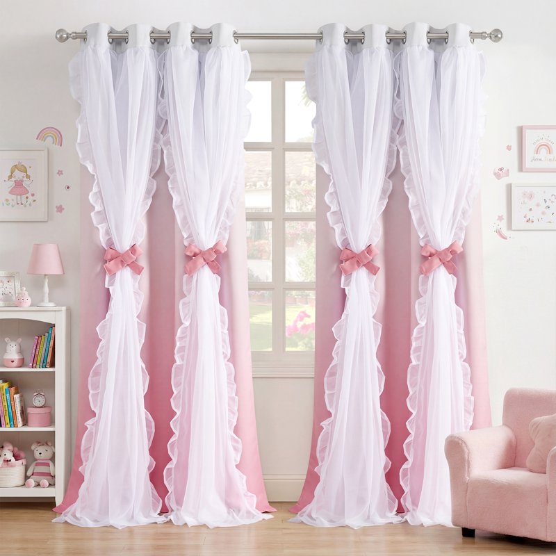 Double Layer Kids Room Blackout Curtains with Ruffle & Ombre Pattern - 2 Panels