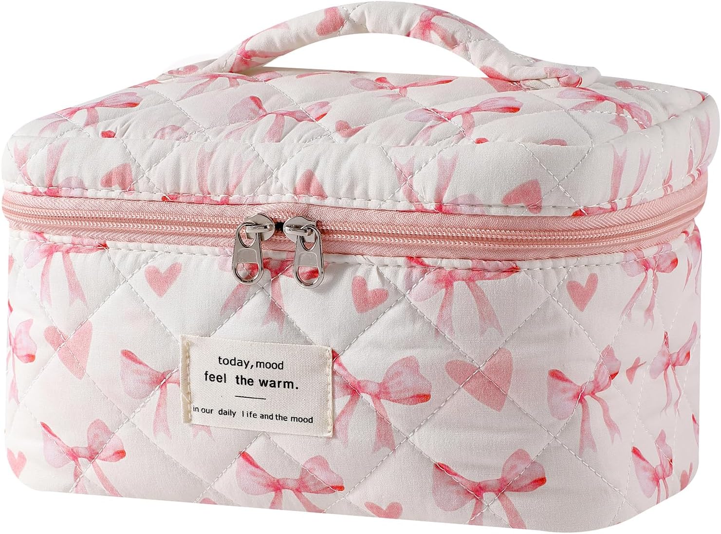 uekeboag Large Travel Quilted Makeup Bag for Women, Floral Cotton Cosmetic Bag, Coquette Aesthetic Floral Toiletry Organizer Bag