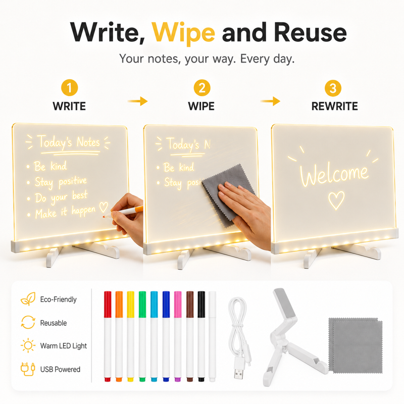 LED Note Board with Markers - Light Up Acrylic Dry Erase Message Board, USB Powered, 11.8 x 7.9 inches