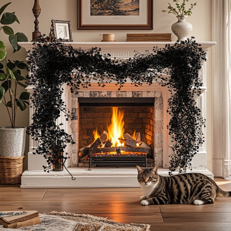 5.9ft Artificial Garland with Black Leaves for Halloween and Holiday Decor