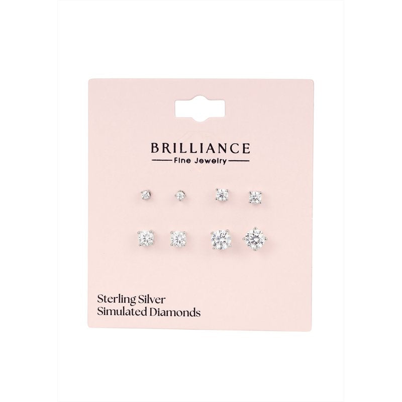 Sterling Silver Simulated Diamond Earrings Set - 4 Pairs Round Studs for Women