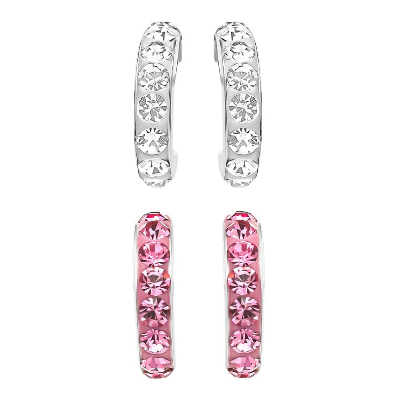 Girls Sterling Silver Crystal Hoop Earrings Set - 2 Pairs