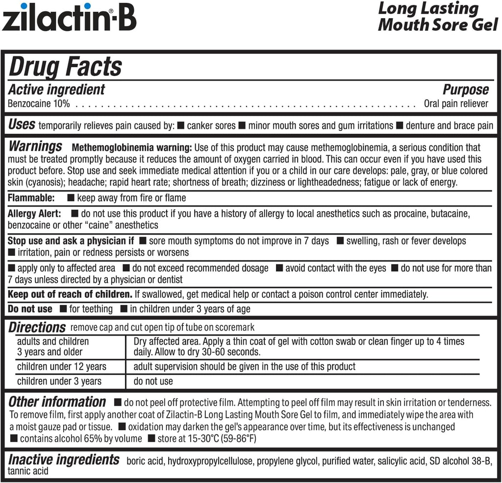 Zilactin-B Fast Acting Canker Sore Treatment - Long Lasting Protection and Oral Pain Relief of Canker Sores, Mouth Sores and Gum Irritations, Made in USA, 0.25oz Gel, Pack of 1