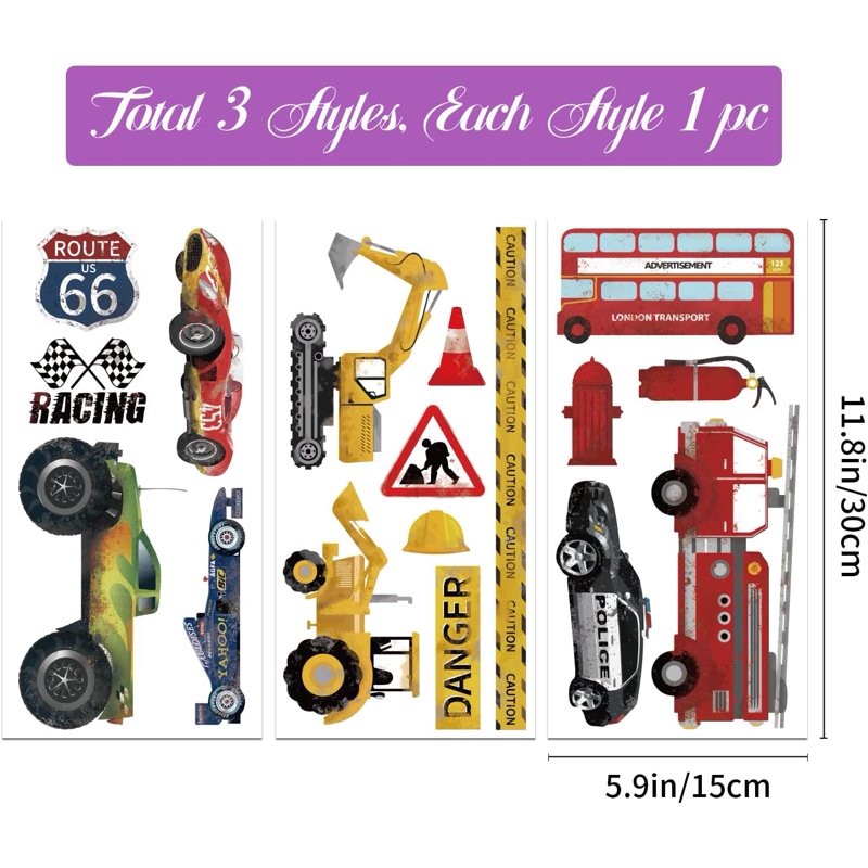 Car Theme Furniture Transfer Stickers 6x12 Inch Wall Art Decals Set of 3