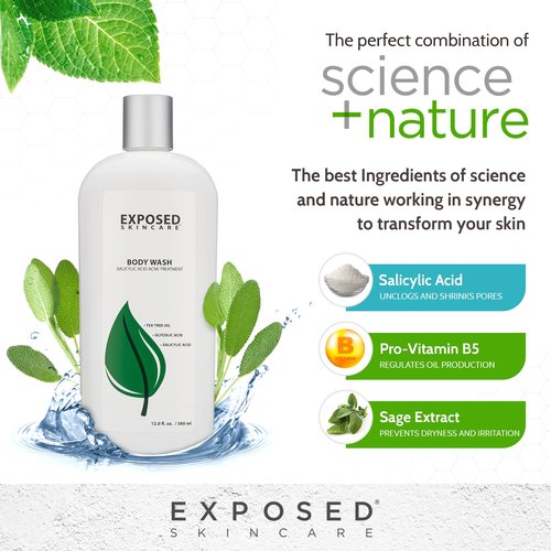 Exposed Skin Care Body Wash - Back and Body Acne Wash with Salicylic Acid and Tea Tree Oil – Exfoliating Bacne Treatment for Clearer, Healthier Skin – Body Cleanser for All Skin Types (12 fl oz)