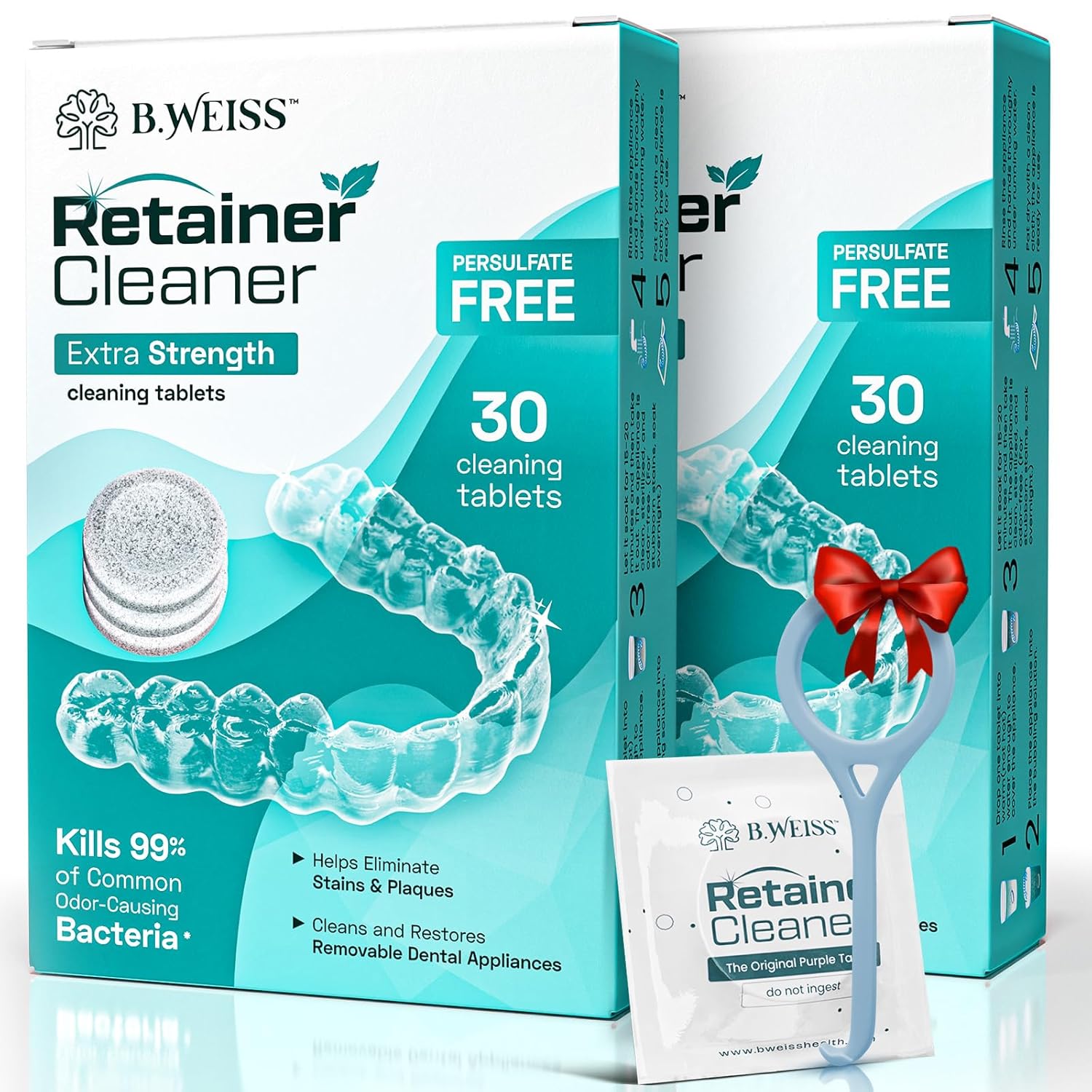 Weiss Naturals Retainer Cleaner Tablets, Invisalign Cleaner, Remove Stains, Odors & Plaque, PERSULFATE FREE Night Guard & Denture Cleaner 1-Month Supply, 30 Mint Scented Tablets
