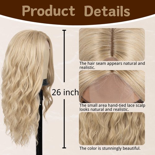Long Blonde Wig for Women 26 Inch Middle Part Wavy Women Charming Wigs Realistic Natural Looking Synthetic Heat Resistant Fiber Hair for Daily Party Use