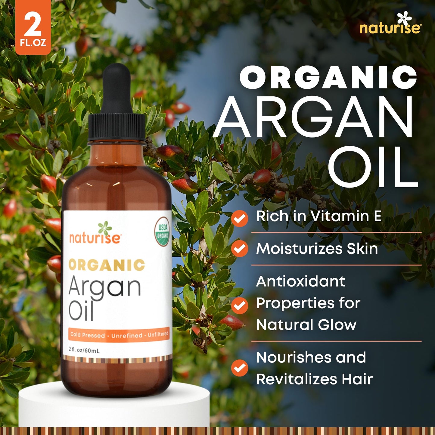 Naturise Organic Argan Oil - Organic Argan Oil Cold Pressed Argan Oil of Morocco - Vegan Non-GMO Gluten Free Argan Oil for Hair Growth and Skin Moisture - 100% Pure Moroccan Oil Hair Oil (2 FL. OZ.)