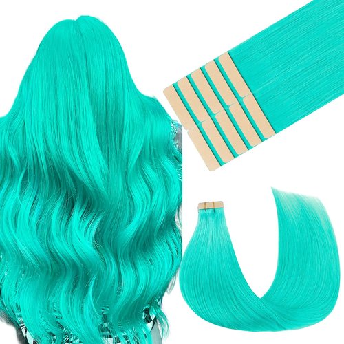 MAXITA Tape in Hair Extensions Human Hair Teal Green Tape in Extensions, 10pcs 25g 14 Inch Remy Invisible Tape Ins Straight Colored Soft Real Human Hair Tape in Extensions Natural Hair Extensions