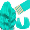 MAXITA Tape in Hair Extensions Human Hair Teal Green Tape in Extensions, 10pcs 25g 14 Inch Remy Invisible Tape Ins Straight Colored Soft Real Human Hair Tape in Extensions Natural Hair Extensions