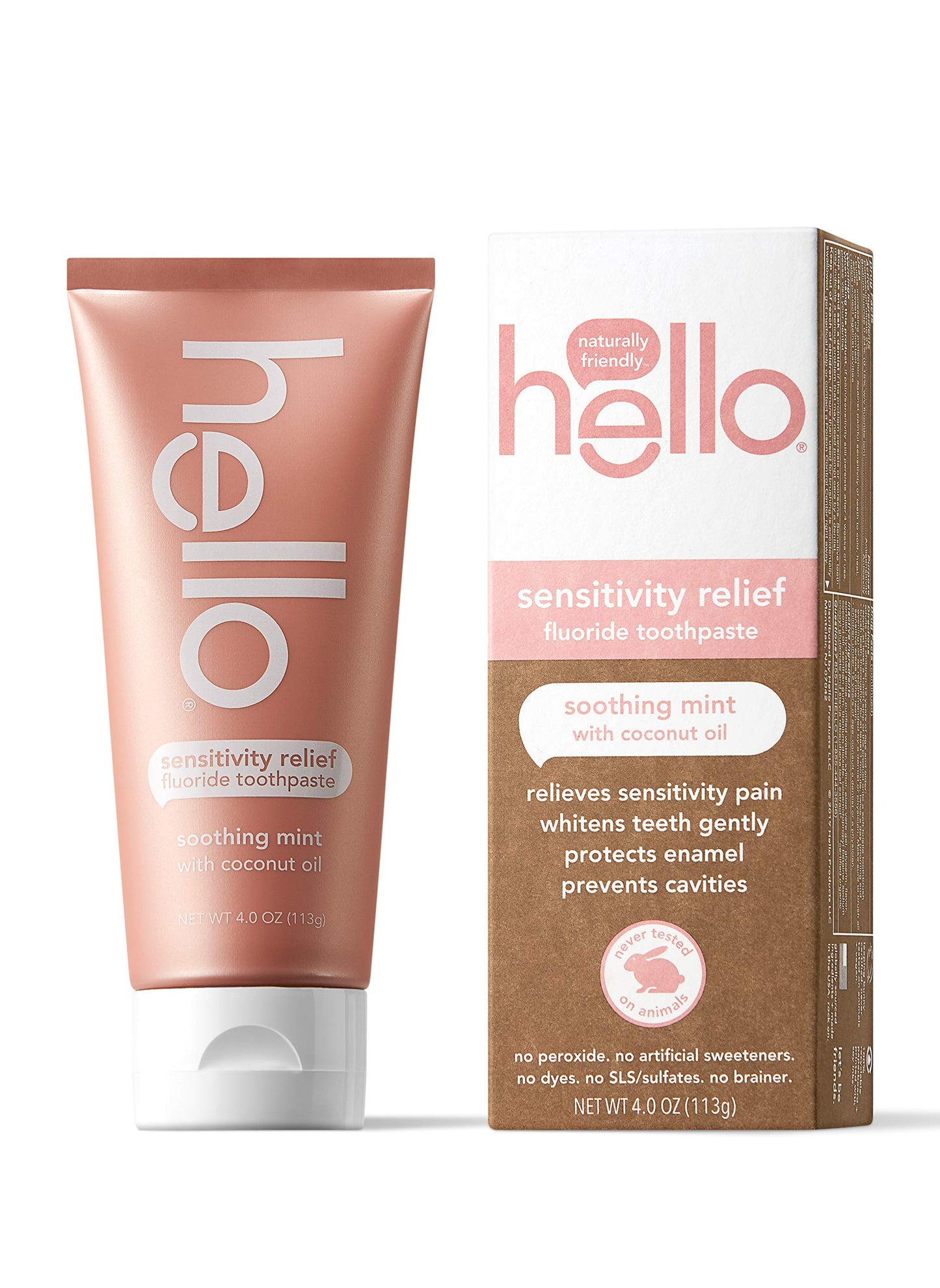 Hello Oral Care Sensitivity Relief Toothpaste for Sensitive Teeth with Fluoride + Coconut Oil Vegan SLS Free Whitening Oz, Soothing Mint, 4 Ounce