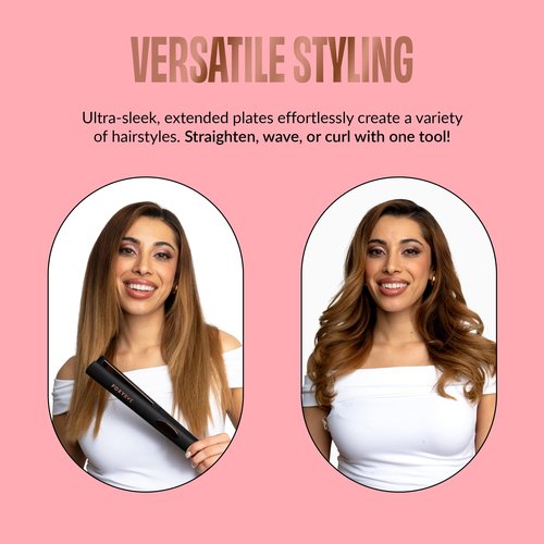 FoxyBae Trés Sleek Titanium Flat Iron Hair Straightener - Frizz-Free, Shinier & Smoother Hair - Dual Voltage Hair Styling Tools - w/LCD Display, Temperature Control, Auto Shut-Off 1" [Black Rose-Gold]
