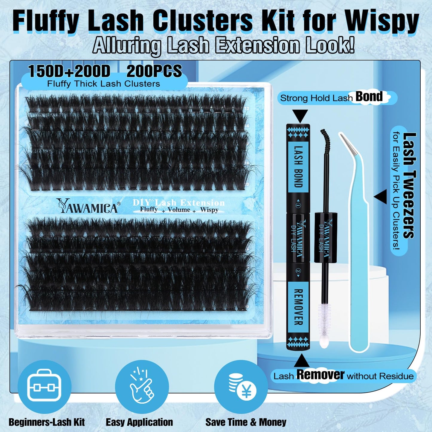 Yawamica Lash Extension Kit Fluffy 150D+200D Lash Clusters Eyelash Extension Kit 12-20mm Individual Lashes with Lash Bond, Lash Remover, Lash Applicator for DIY Lashes Extension(150D+200D-12-20MM Kit)