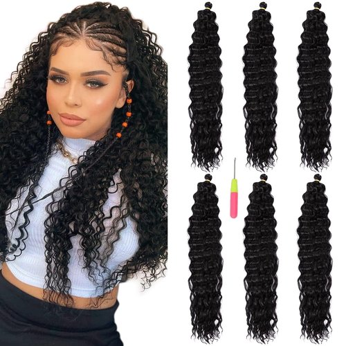 MAYSA Ocean Wave Crochet Hair Extension, 22 inch 6packs Curly Braiding Crochet Hair, Synthetic Crochet Hair Extensions for Women #1B Natural Black