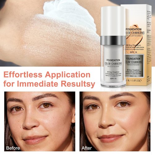 2PCS Flawless Colour Changing Warm Skin Tone Foundation, Naturally Blends Moisturizing foundation makeup, Long Lasting Waterproof Lightweight Liquid Foundation SPF 15 for Face Makeup