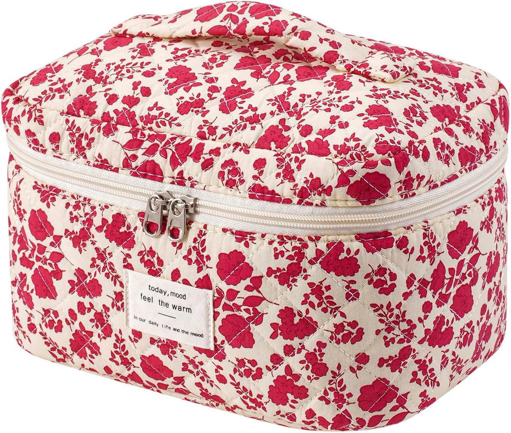 uekeboag Large Travel Quilted Makeup Bag for Women, Floral Cotton Cosmetic Bag, Coquette Aesthetic Floral Toiletry Organizer Bag
