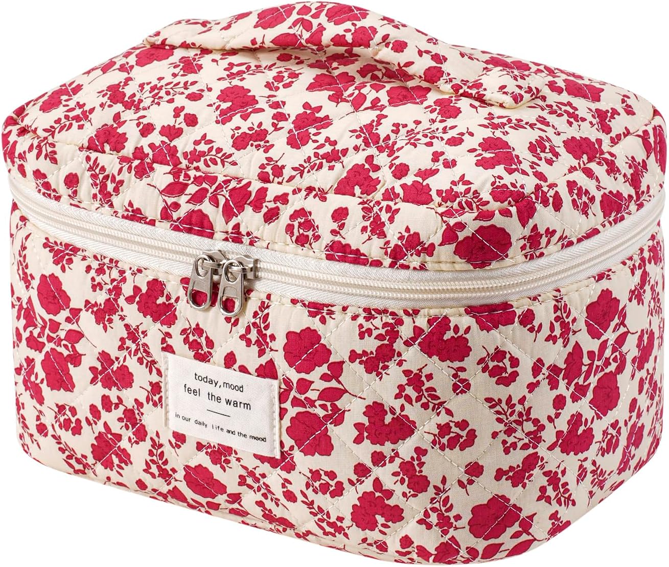 uekeboag Large Travel Quilted Makeup Bag for Women, Floral Cotton Cosmetic Bag, Coquette Aesthetic Floral Toiletry Organizer Bag