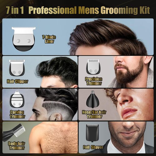 Brightup Beard Trimmer for Men, Electric Razor Shavers for Men, Professional Zero Gapped T-Blade Trimmer, Cordless Hair Clipper, 7 in 1 Grooming Kit for Face Mustache Body Nose Trimmer, Gift for Men