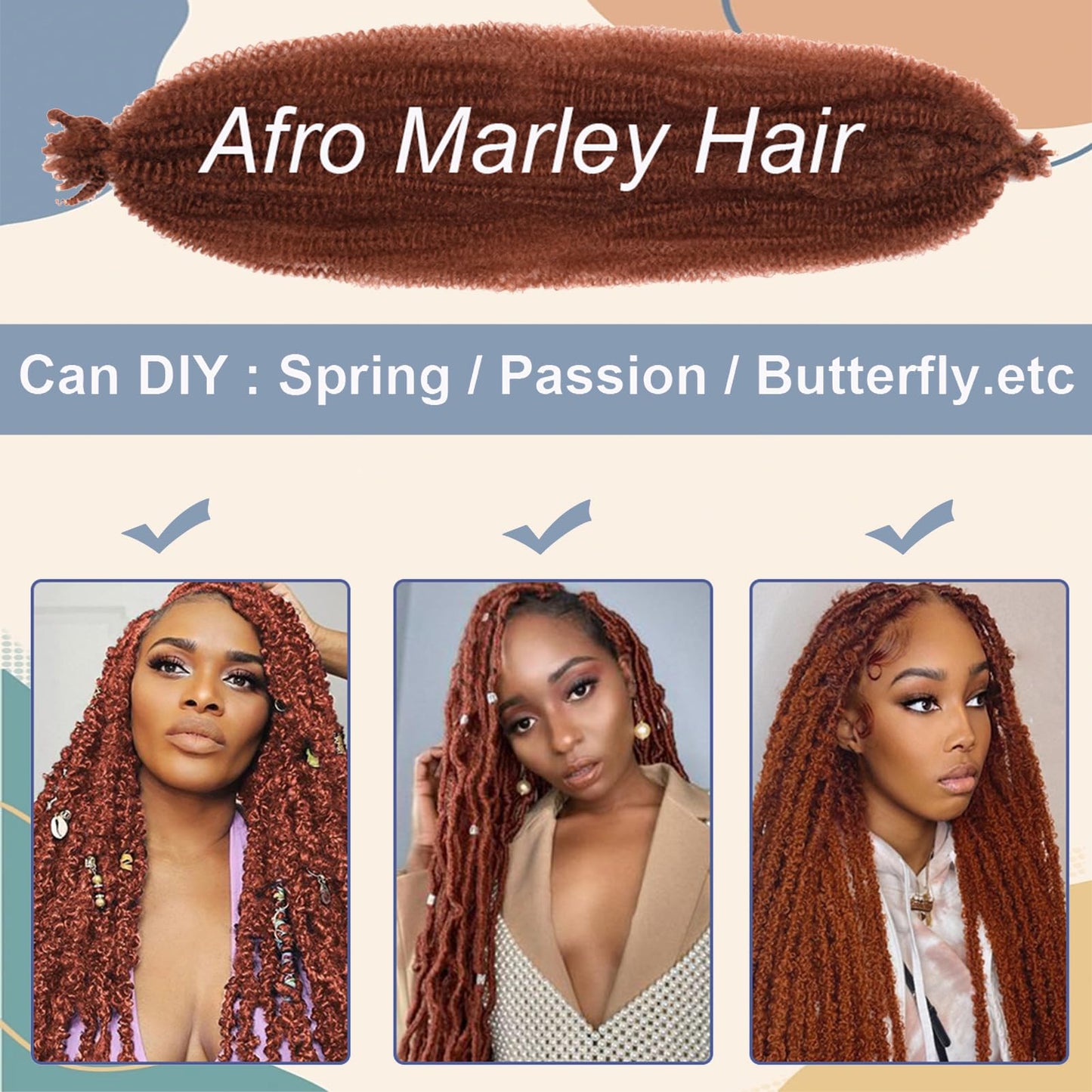 BAOTA Ginger Marley Hair 16 Inch 3 Packs Pre Separated Afro Twist Hair Copper Red Marley Twist Braiding Hair Wrapping Hair for Locs Pre Fluffed Cuban Twist Hair