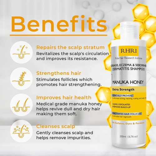 Rida Hair Research Institute Psoriasis Shampoo for Men & Women with Manuka Honey - Best Itchy Scalp Treatment for Eczema, Seborrheic Dermatitis, Ringworm & Folliculitis Treatment