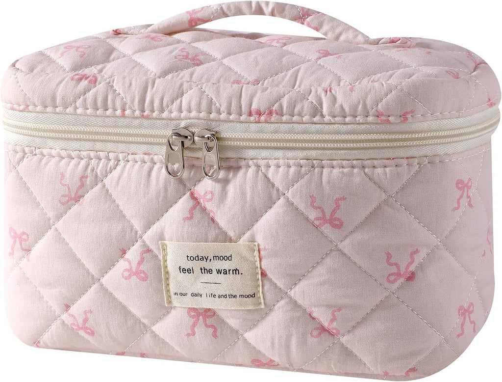 uekeboag Large Travel Quilted Makeup Bag for Women, Floral Cotton Cosmetic Bag, Coquette Aesthetic Floral Toiletry Organizer Bag
